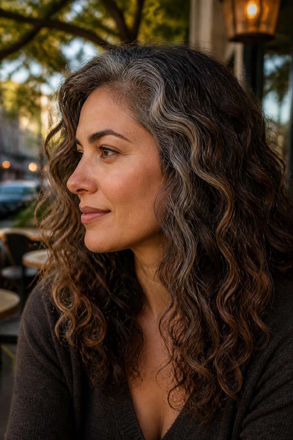 Portrait of a real person with natural curls and salt-and-pepper blended panels