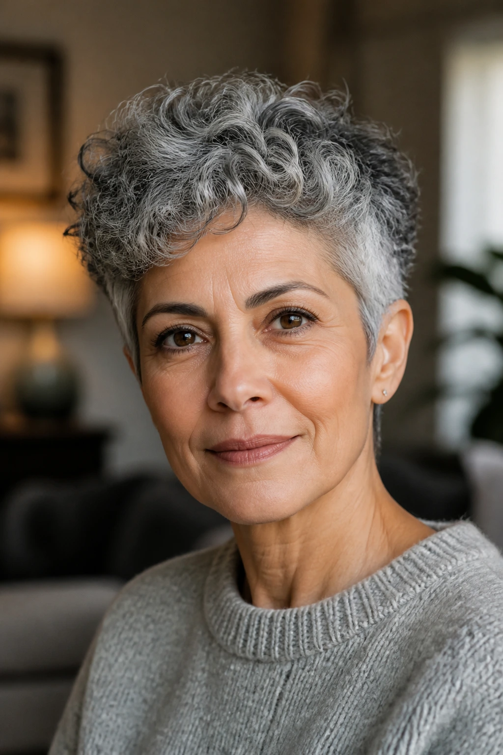 Close-up of a real woman with salt-and-pepper curly pixie and natural silver tones