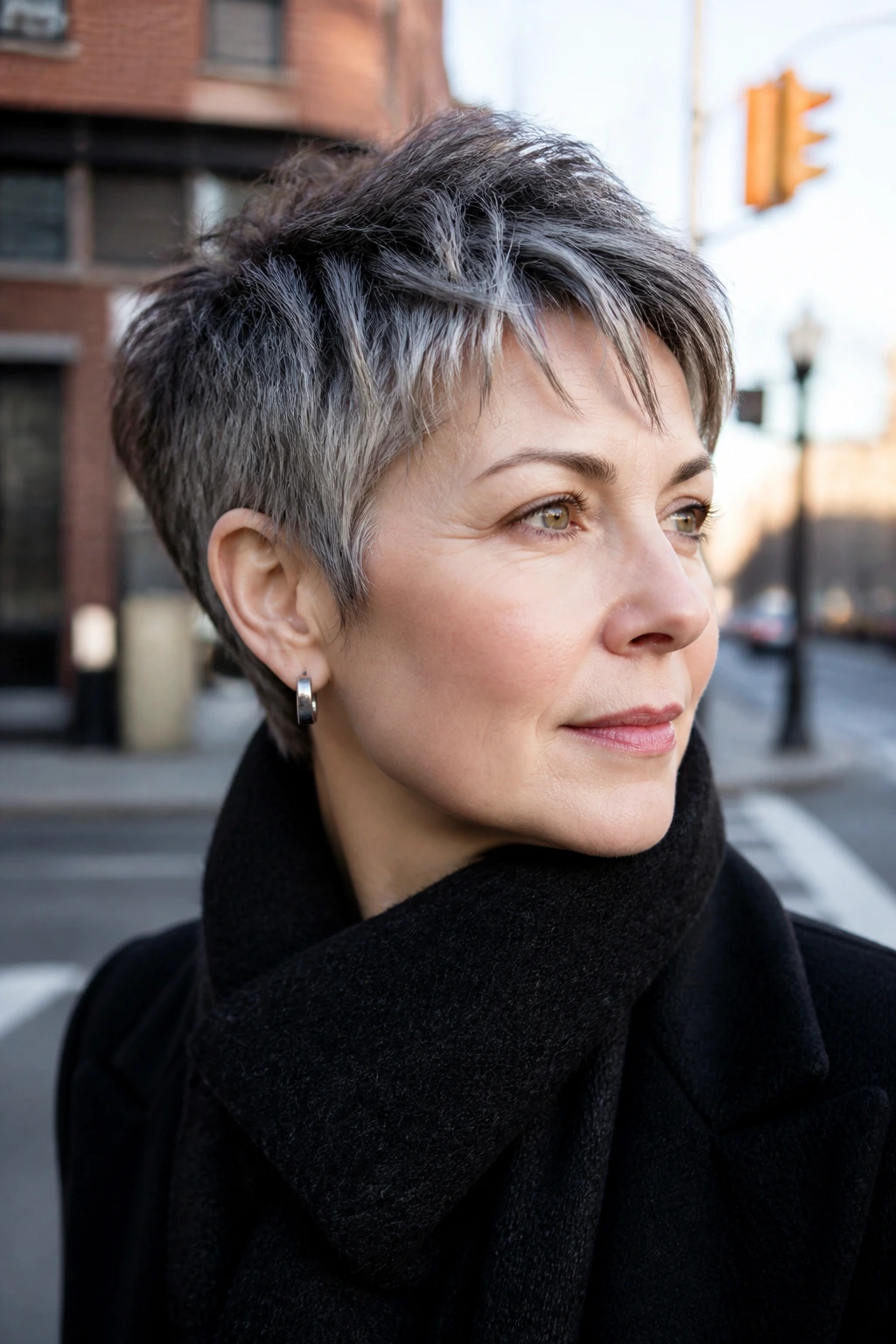 Portrait of a real person with a soft salt-and-pepper pixie crop