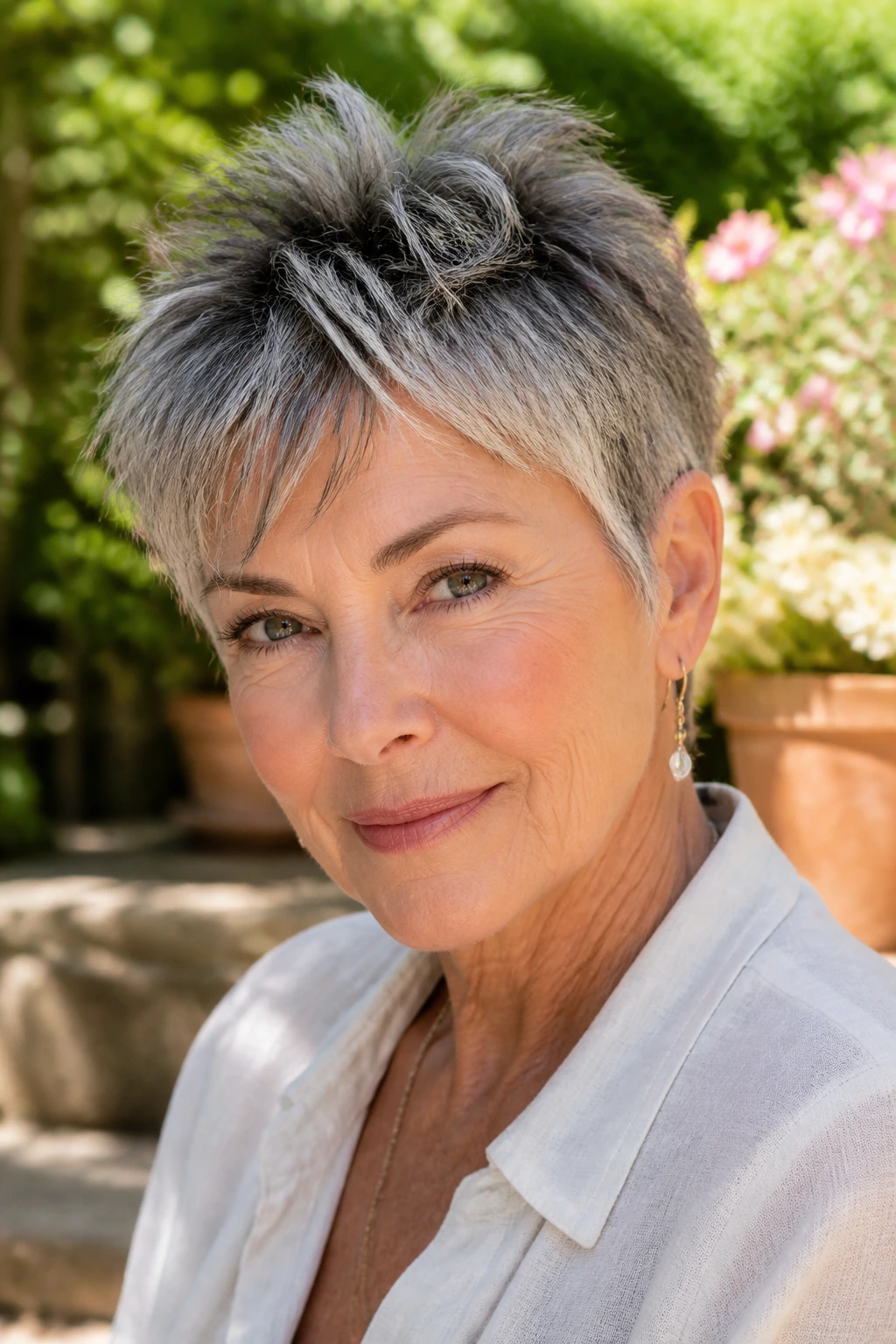 Older woman with salt-and-pepper tousled pixie in garden setting.