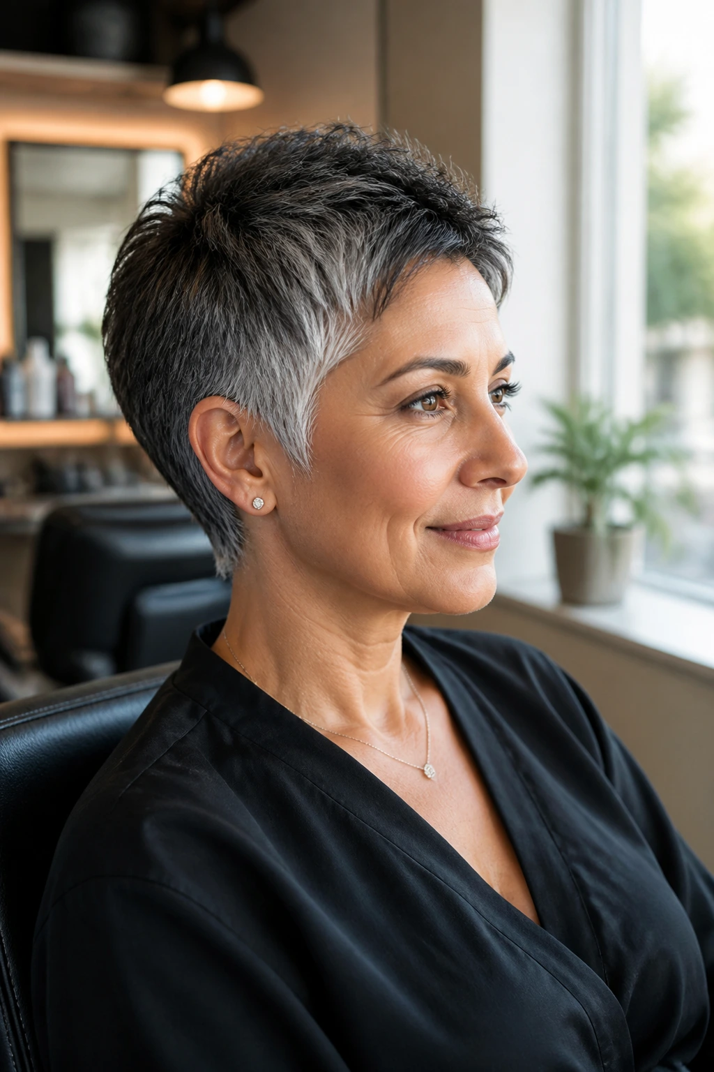 Close-up of a real woman with a salt-and-pepper pixie showing silver at temples and neckline
