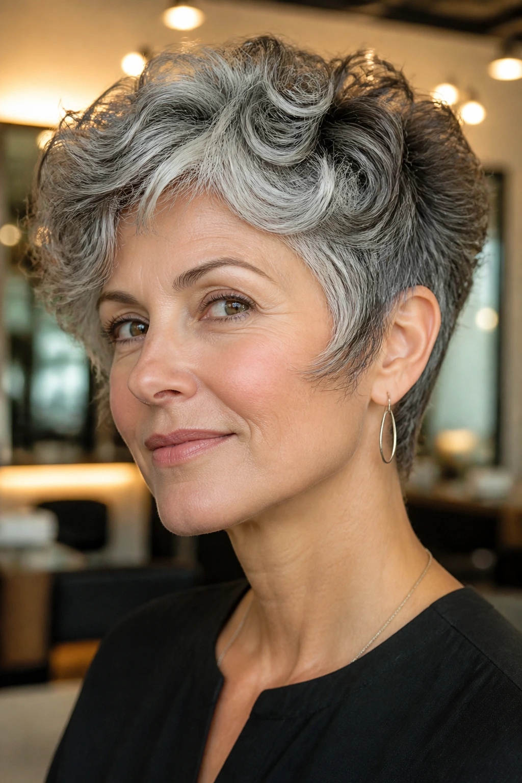 Portrait of a real person with salt-and-pepper pixie showing temple layers in a chic salon