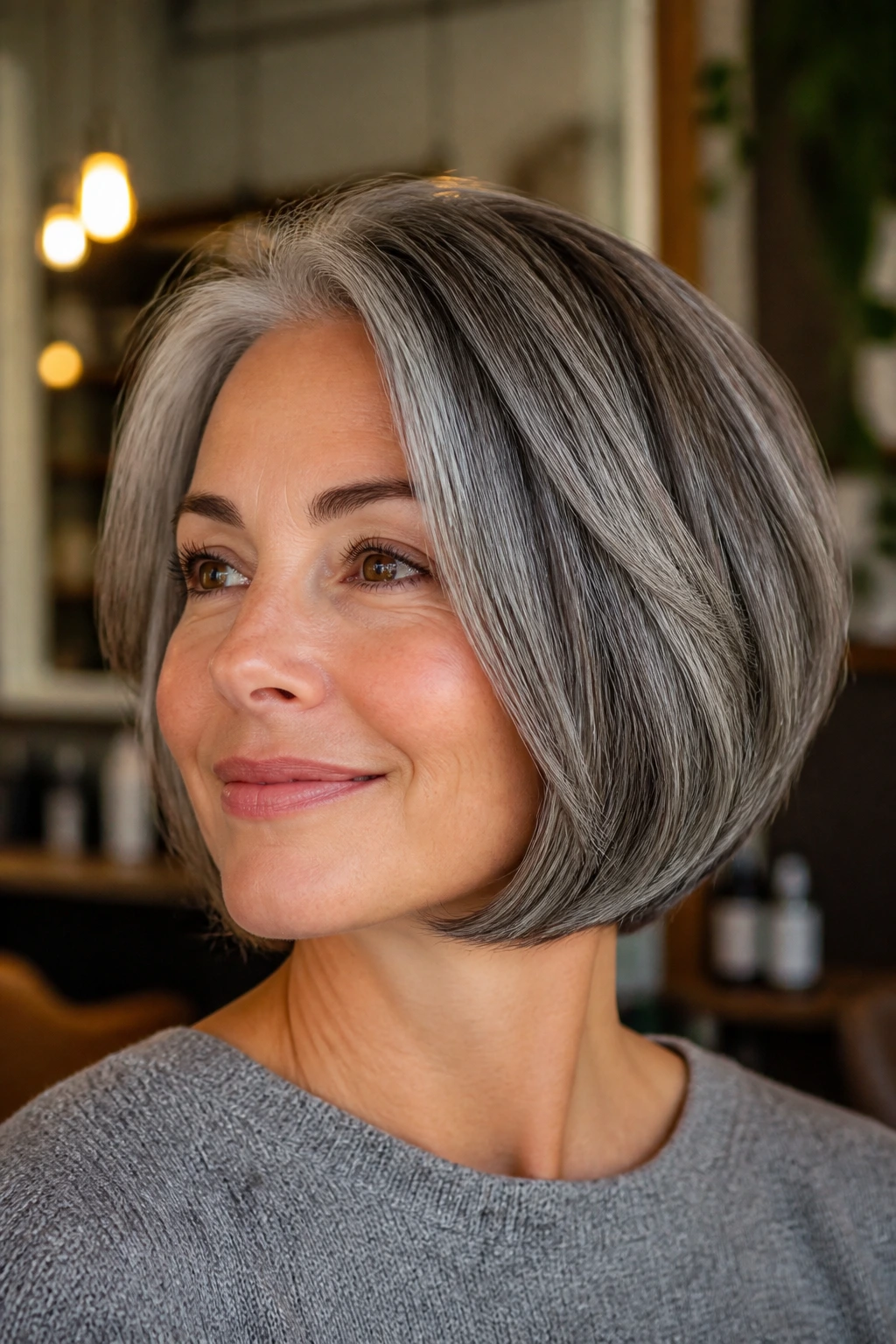 Real woman with a rounded salt-and-pepper bob