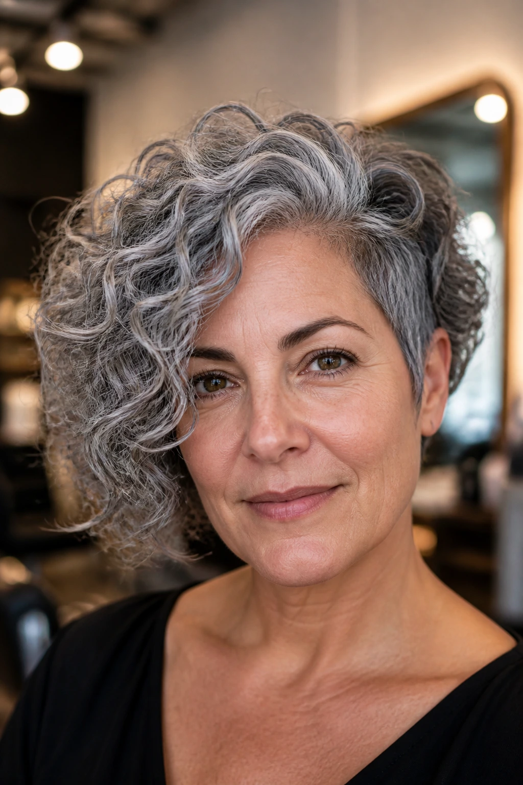 Close-up of a person with a silver-gray sculpted bob showing asymmetric length and texture