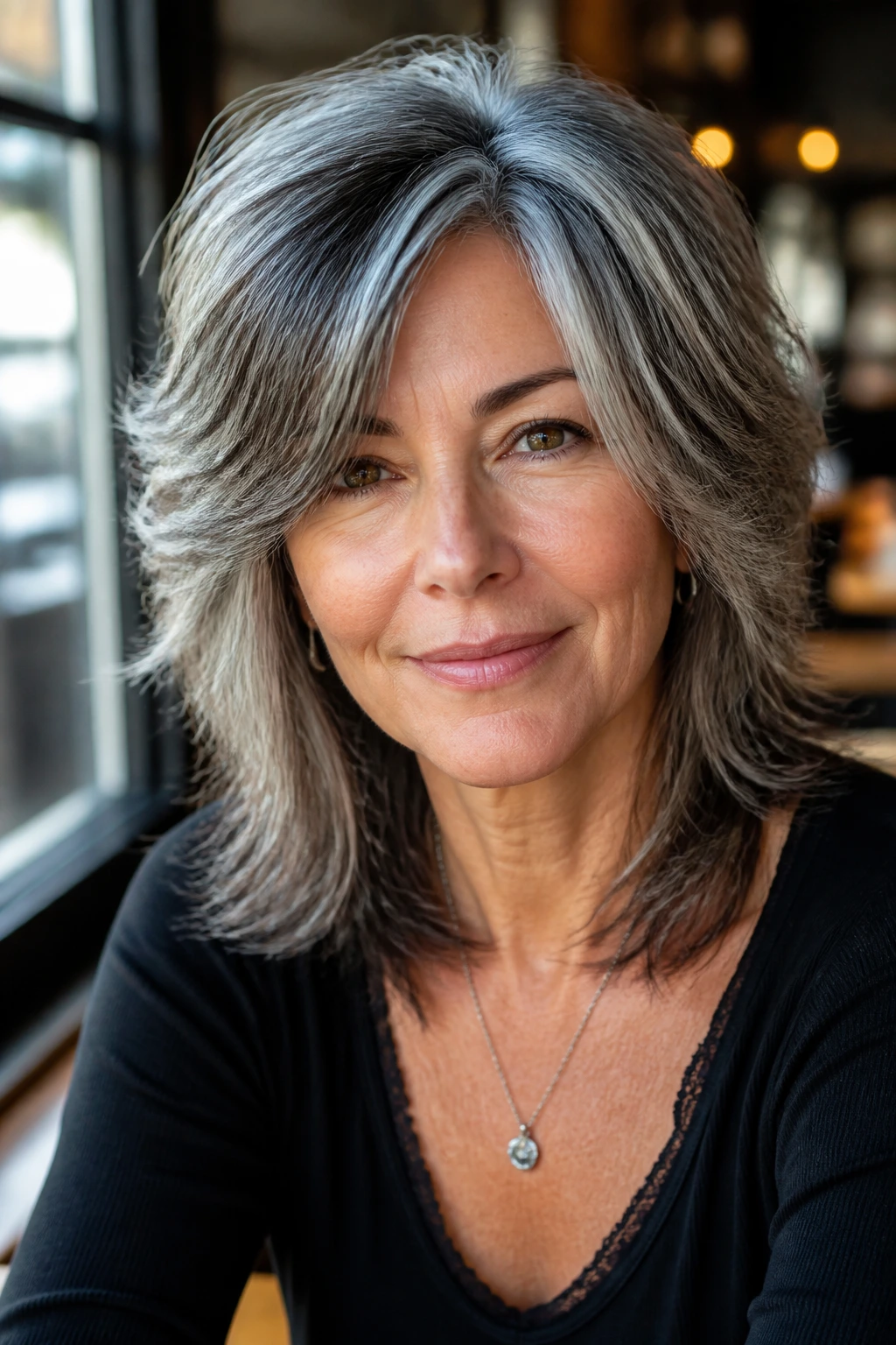 Close-up of real woman with salt-and-pepper piecey shag