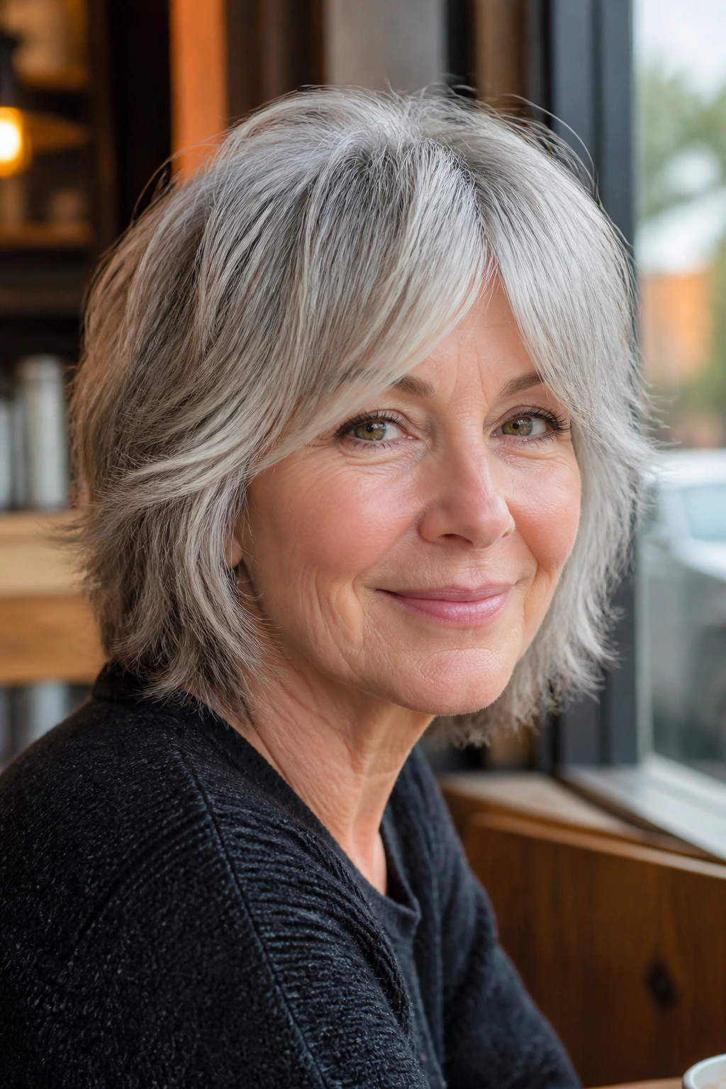 Portrait of woman with salt-and-pepper shag and long curtain bangs.
