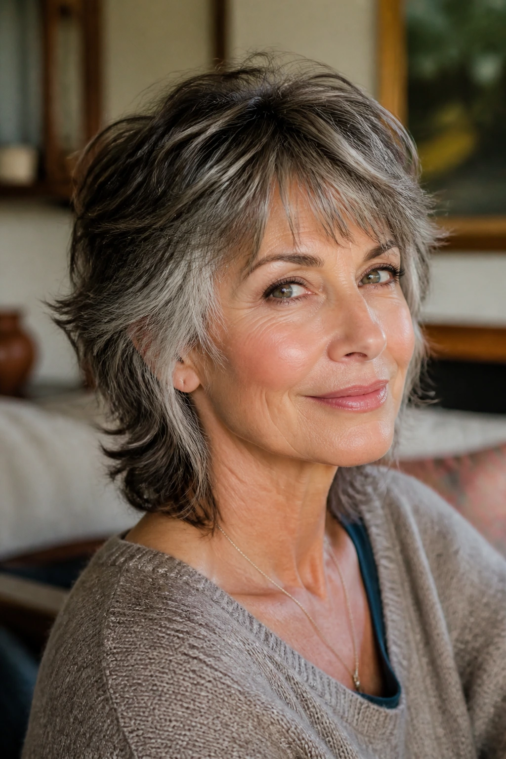 Close-up of a real woman with salt-and-pepper layered shag and softened temples