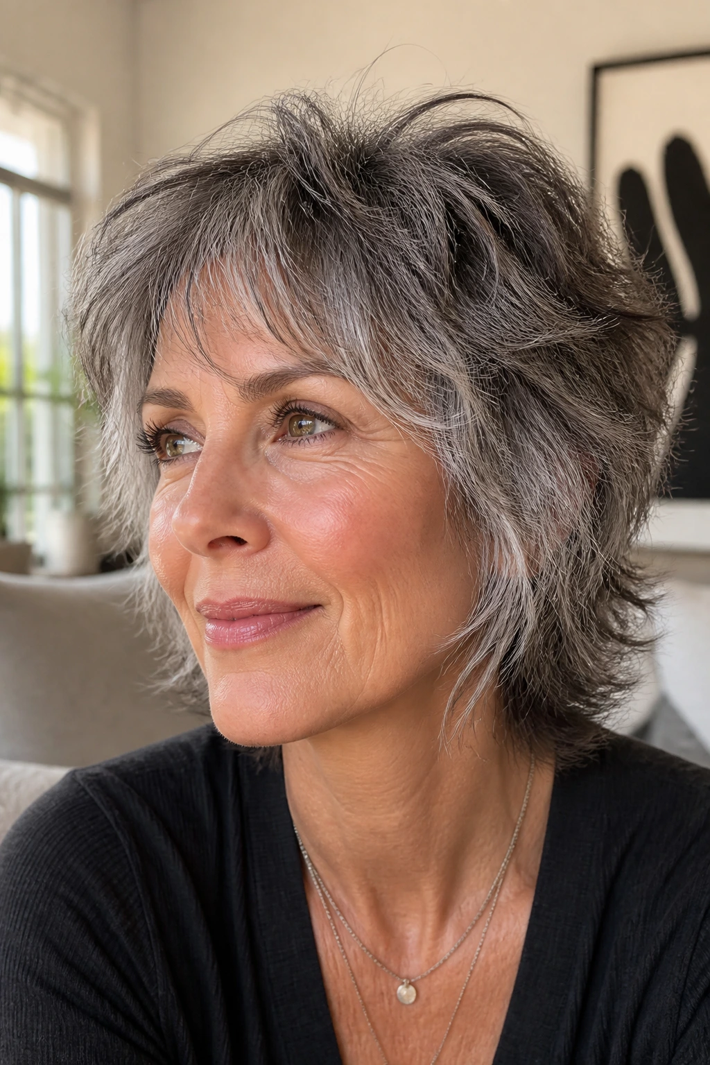 Close-up portrait of a real woman with salt-and-pepper tousled shag