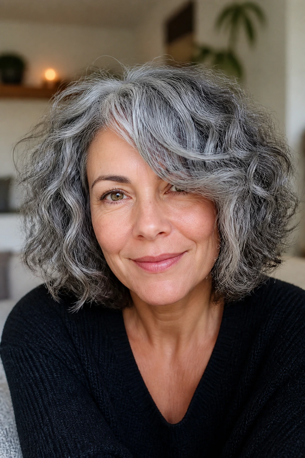 Close-up of salt-and-pepper textured bob with side-swept bangs on a real woman