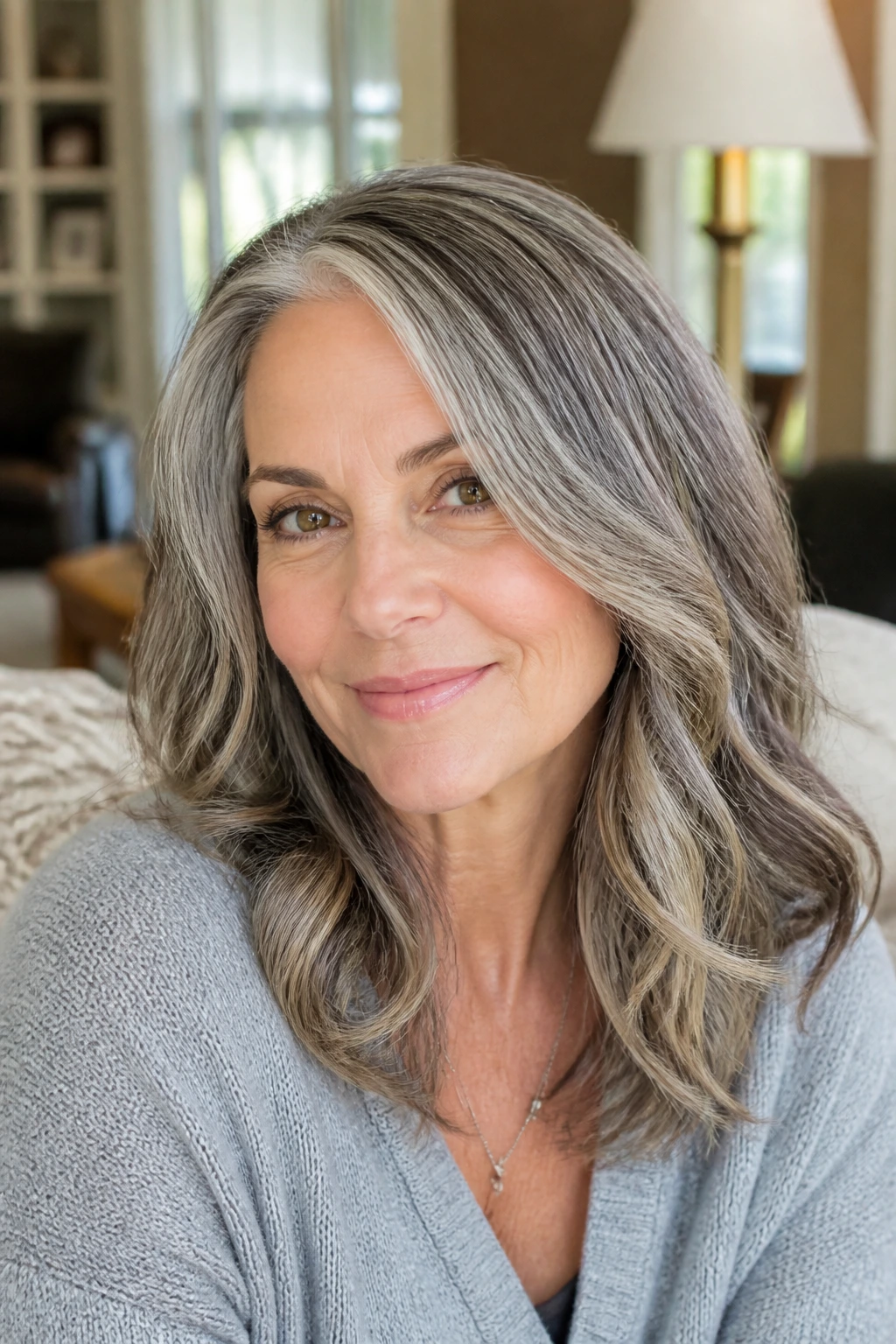 Real woman wearing salt-and-pepper transition clip-ins blending gray and brown