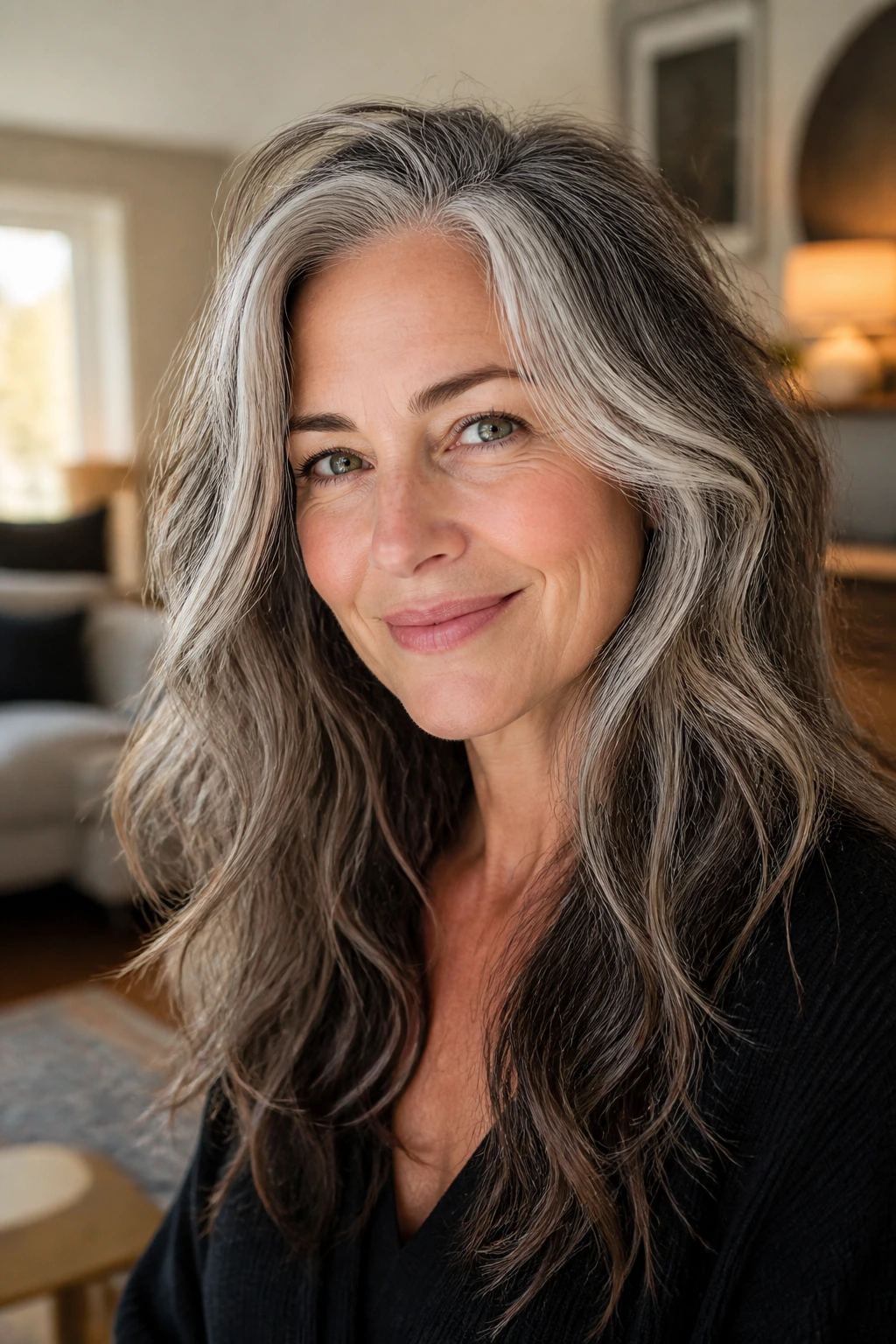 Real woman with salt-and-pepper waves and bright face frame