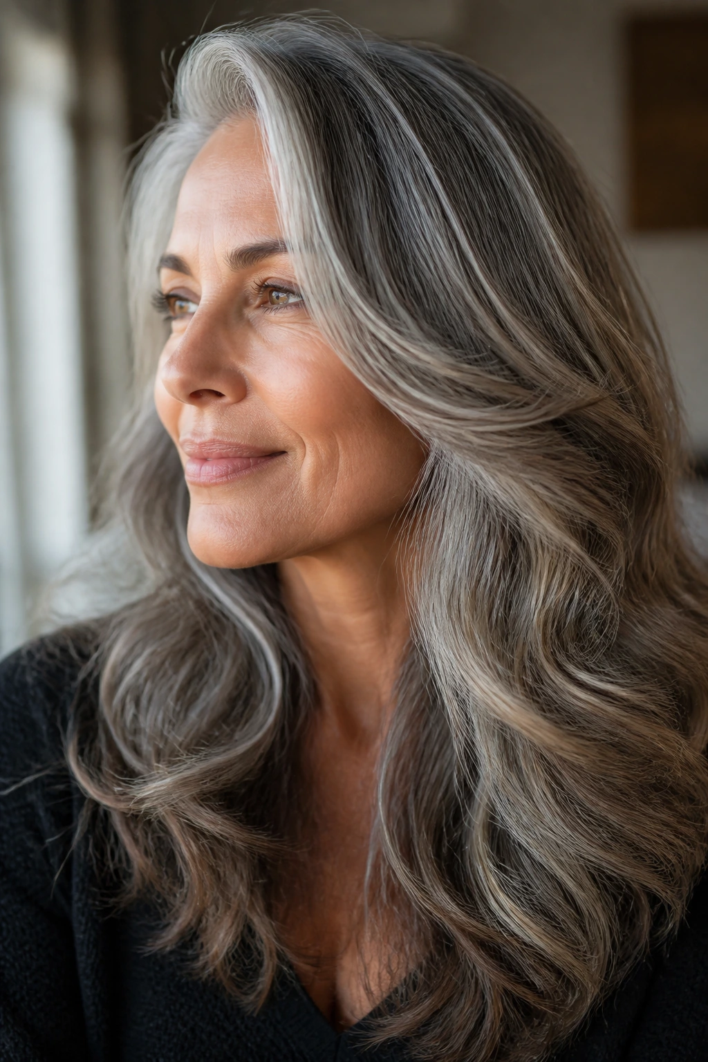 Portrait of a real person with salt-and-pepper long layered waves