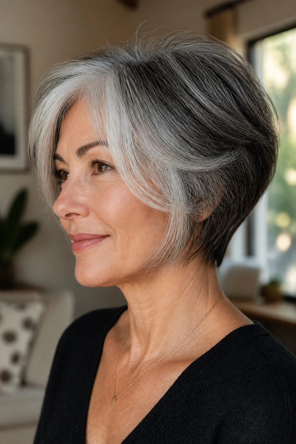 Close-up of a real woman's face with a salt-and-pepper wedge and face-framing lighter strands.