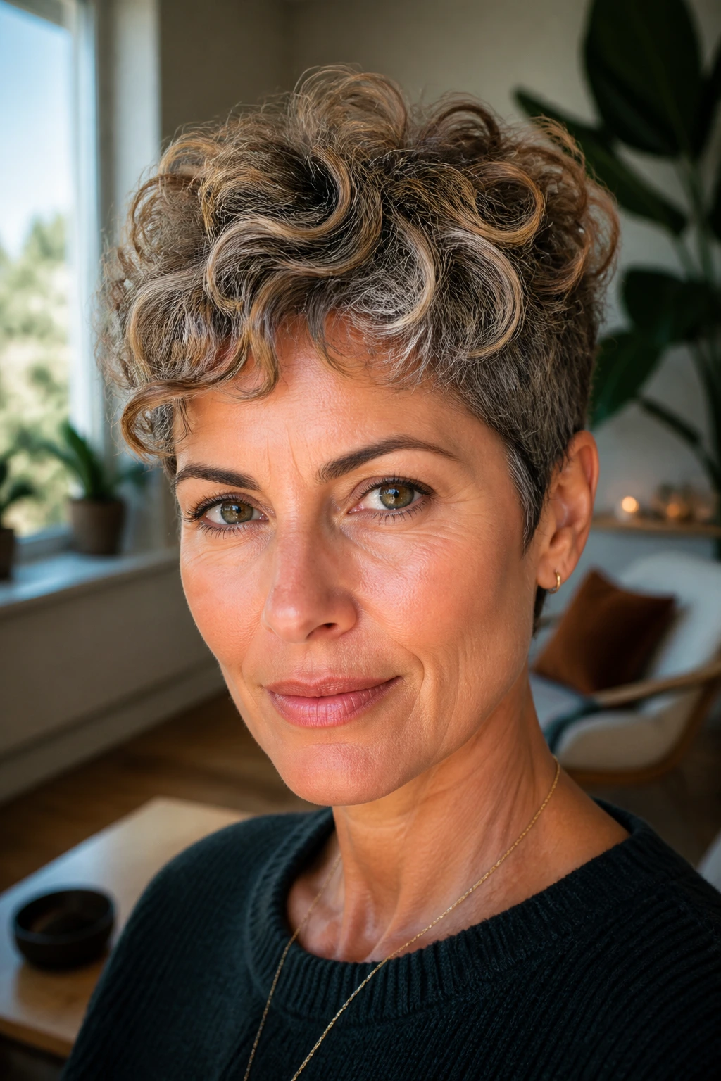 Close-up portrait of a real person with salt-and-caramel curly pixie featuring gray highlights and caramel tones.