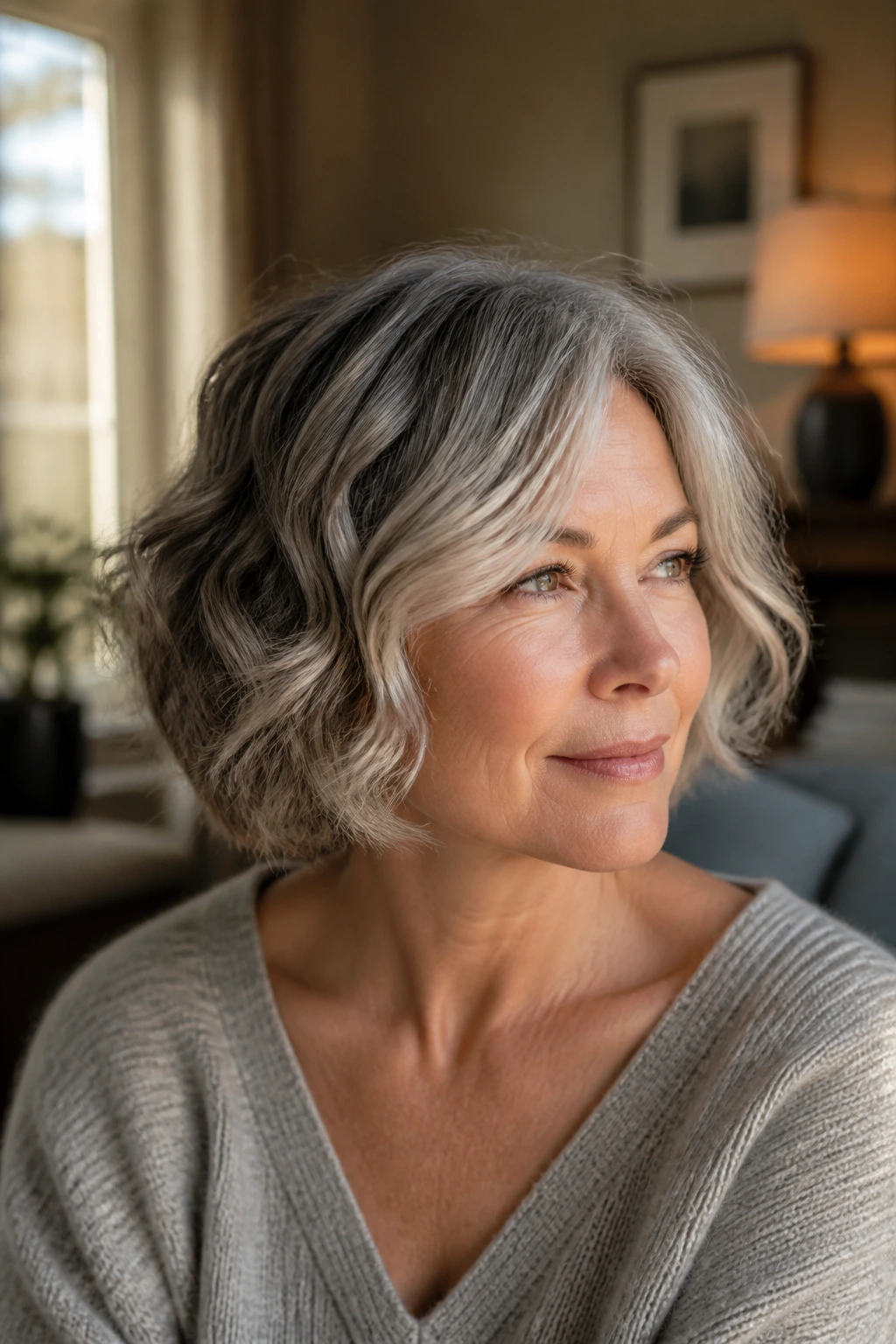 Real woman with salt-and-glow soft wavy bob in silver tones