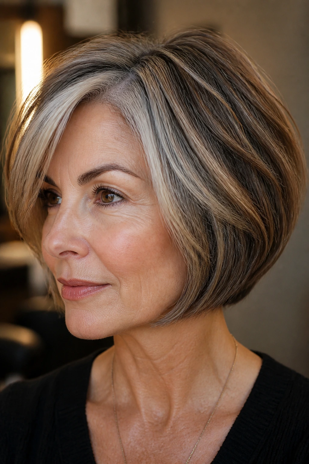 Close-up of salt-and-pepper bob with caramel veils on a real woman.