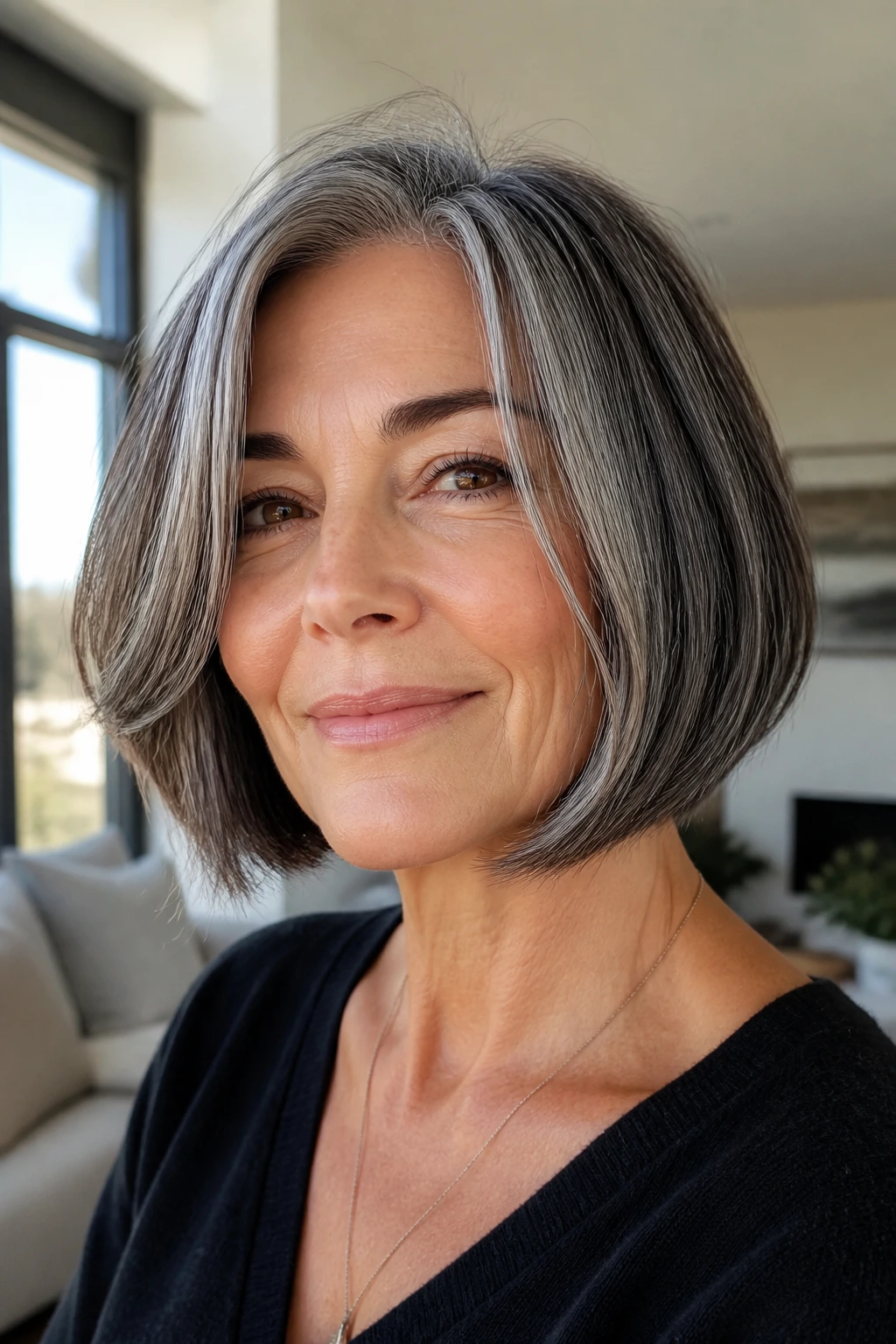Close-up of real woman with salt-and-pepper bob and light layers in bright living room light