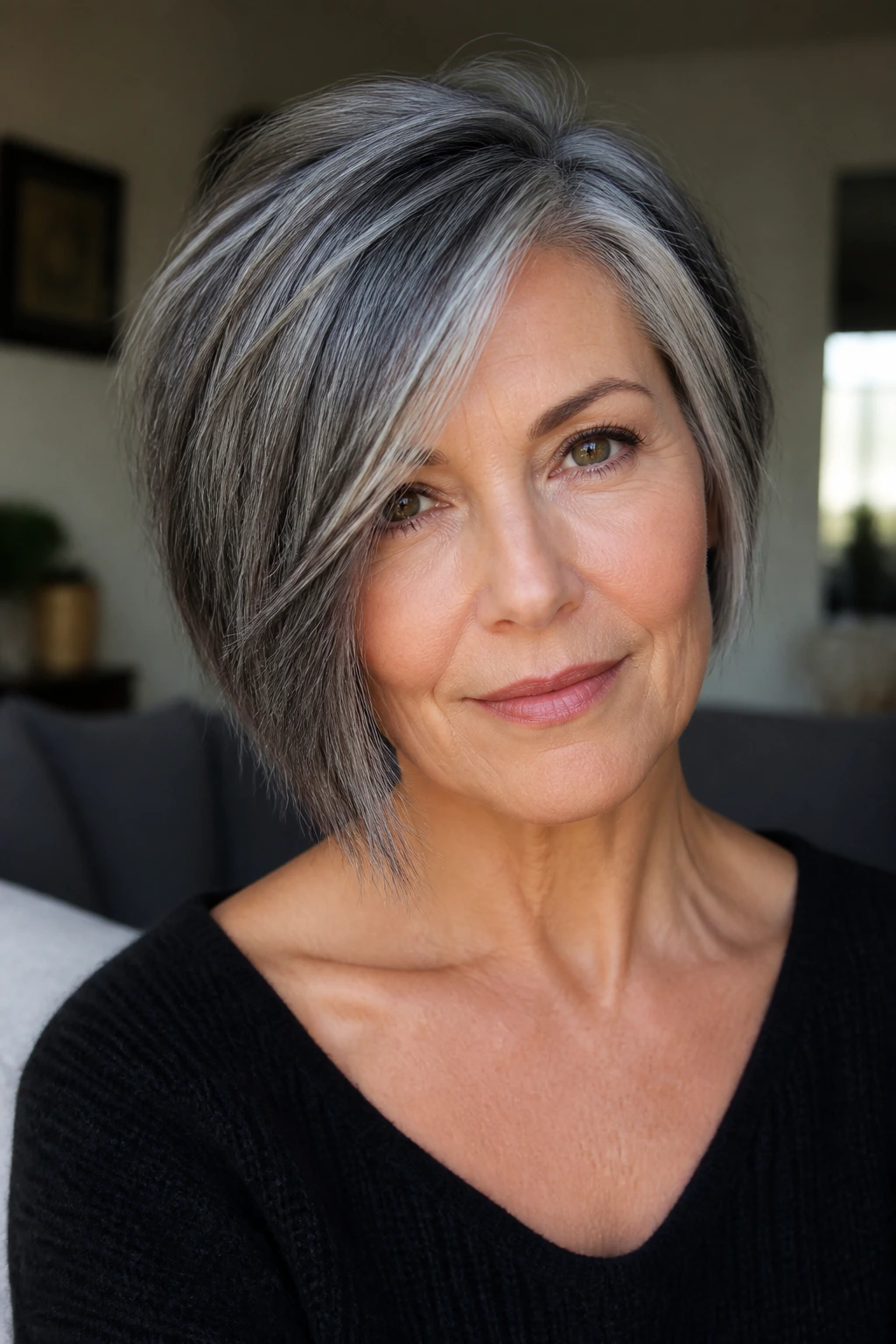 Portrait of a woman with textured salt-and-pepper bob showing razor-cut movement