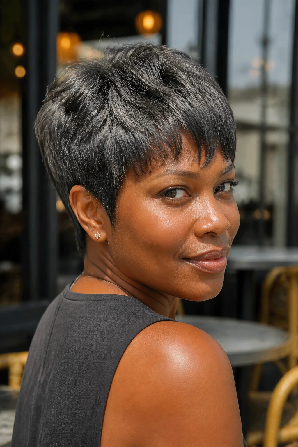 Close-up of a real person with salt-and-pepper brunette crop in sunlight