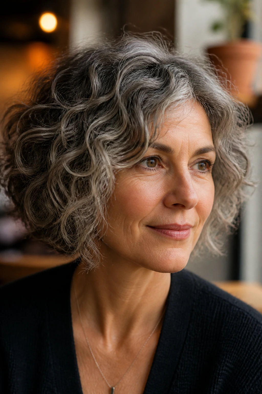 Real woman with salt-and-pepper curly bob and choppy ends