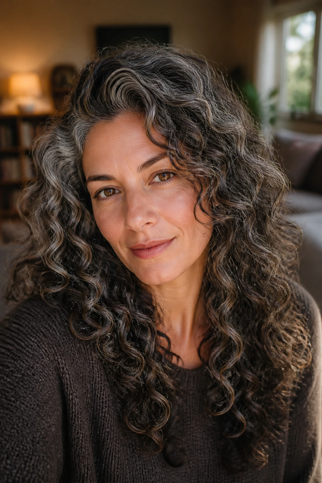 Close-up of curly brunette with natural salt-and-pepper blend in hair