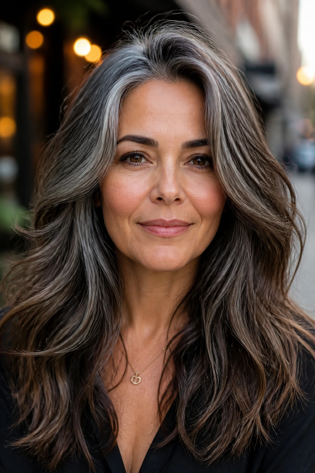 Close-up of brunette hair with dimensional silver and brown blend.