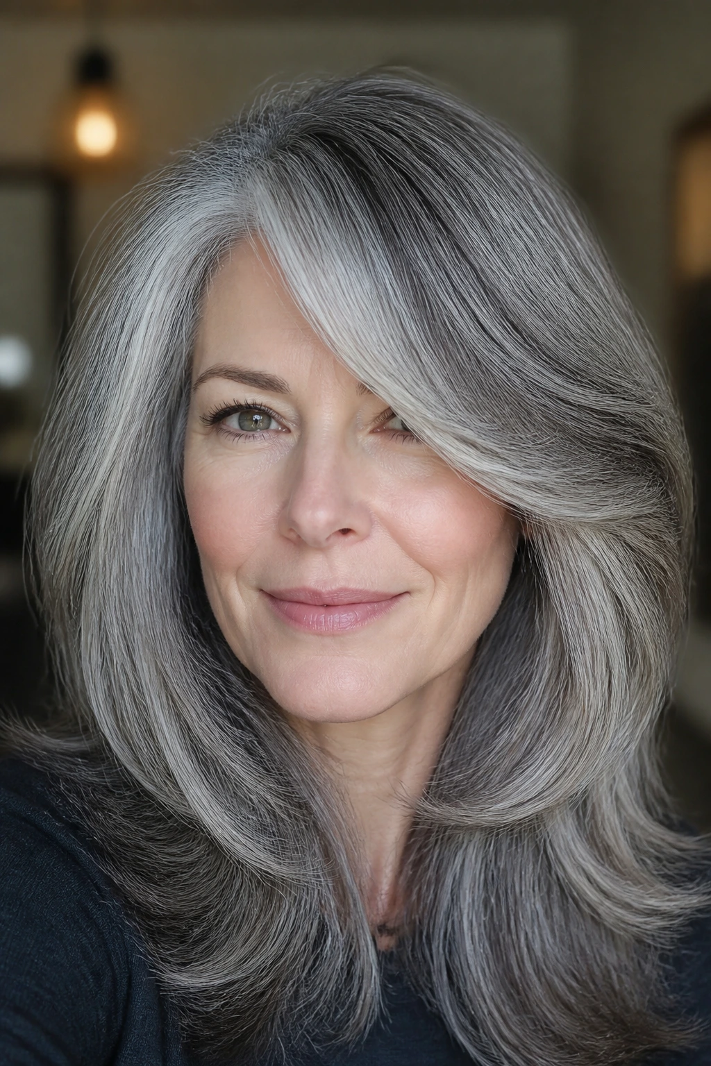 Real person with polished salt-and-pepper blowout and side-swept bang.