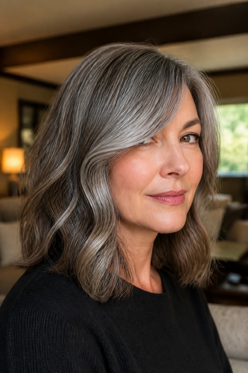 Close-up portrait of woman with salt-and-pepper lob and glossy ends