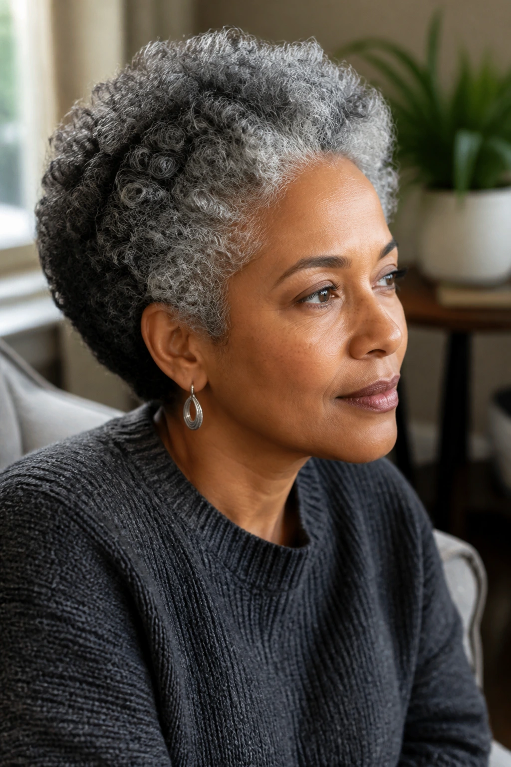 Close-up portrait of a real person with salt-and-pepper halo blend around crown and temples