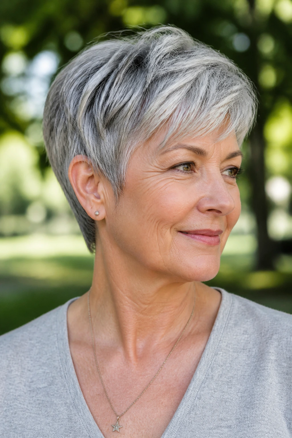 Portrait of a woman with a salt-and-pepper layered crop outdoors with bokeh.