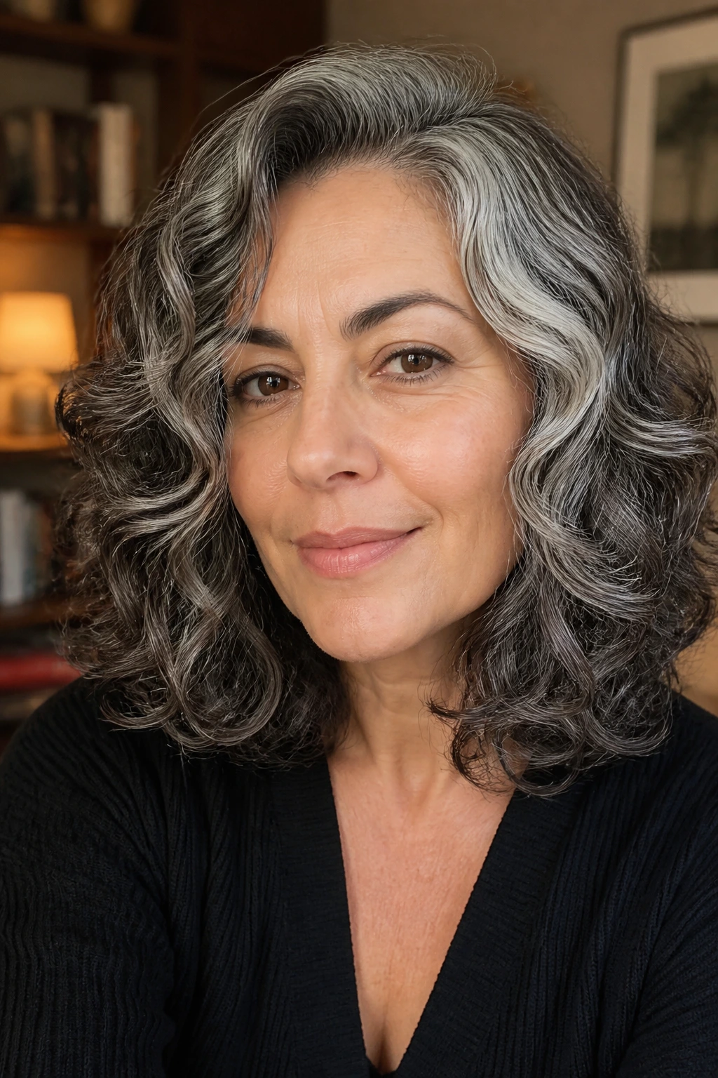 Olive-skinned person with crisp salt-and-pepper layered mid-length curls