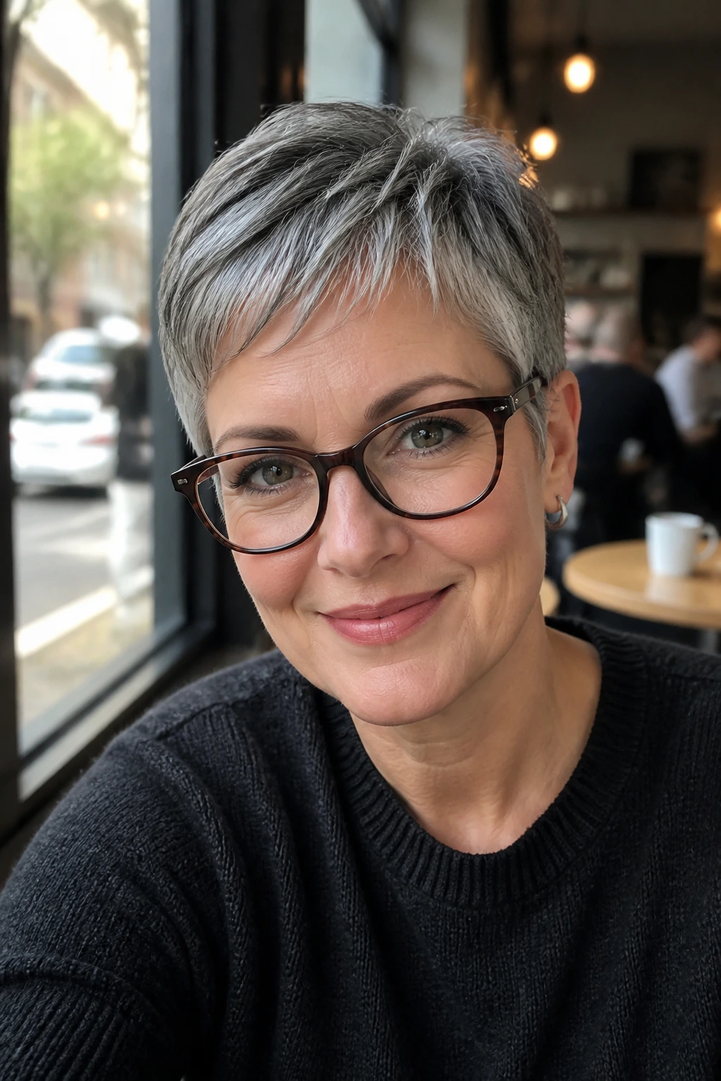 Close-up of a person with glasses and salt-and-pepper pixie hair