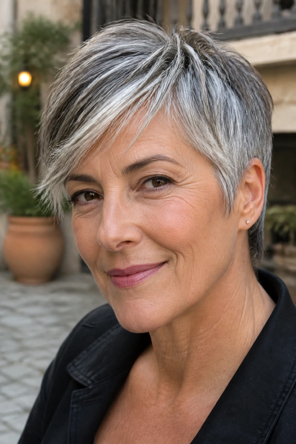 Close-up of a real woman with salt-and-pepper razor pixie hairstyle