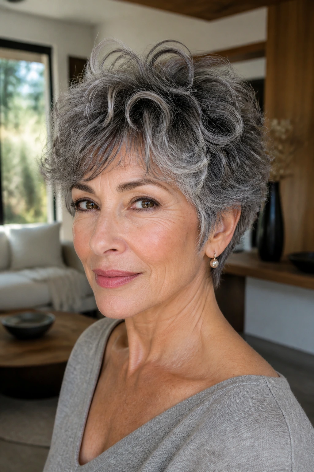 Close-up of a salt-and-pepper shag pixie with layered texture