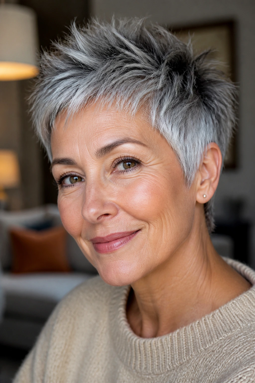 Close-up of a real woman with salt and pepper spiky pixie hairstyle