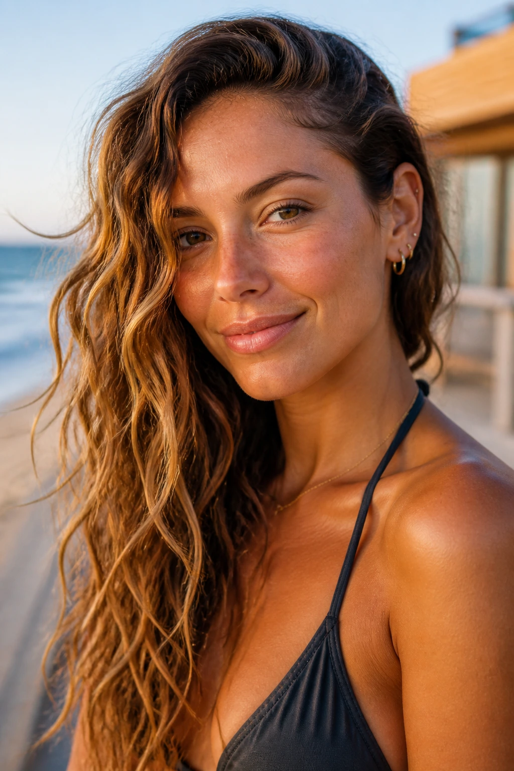 Real person with salt-scrunched long layers tucked side behind ear at the beach