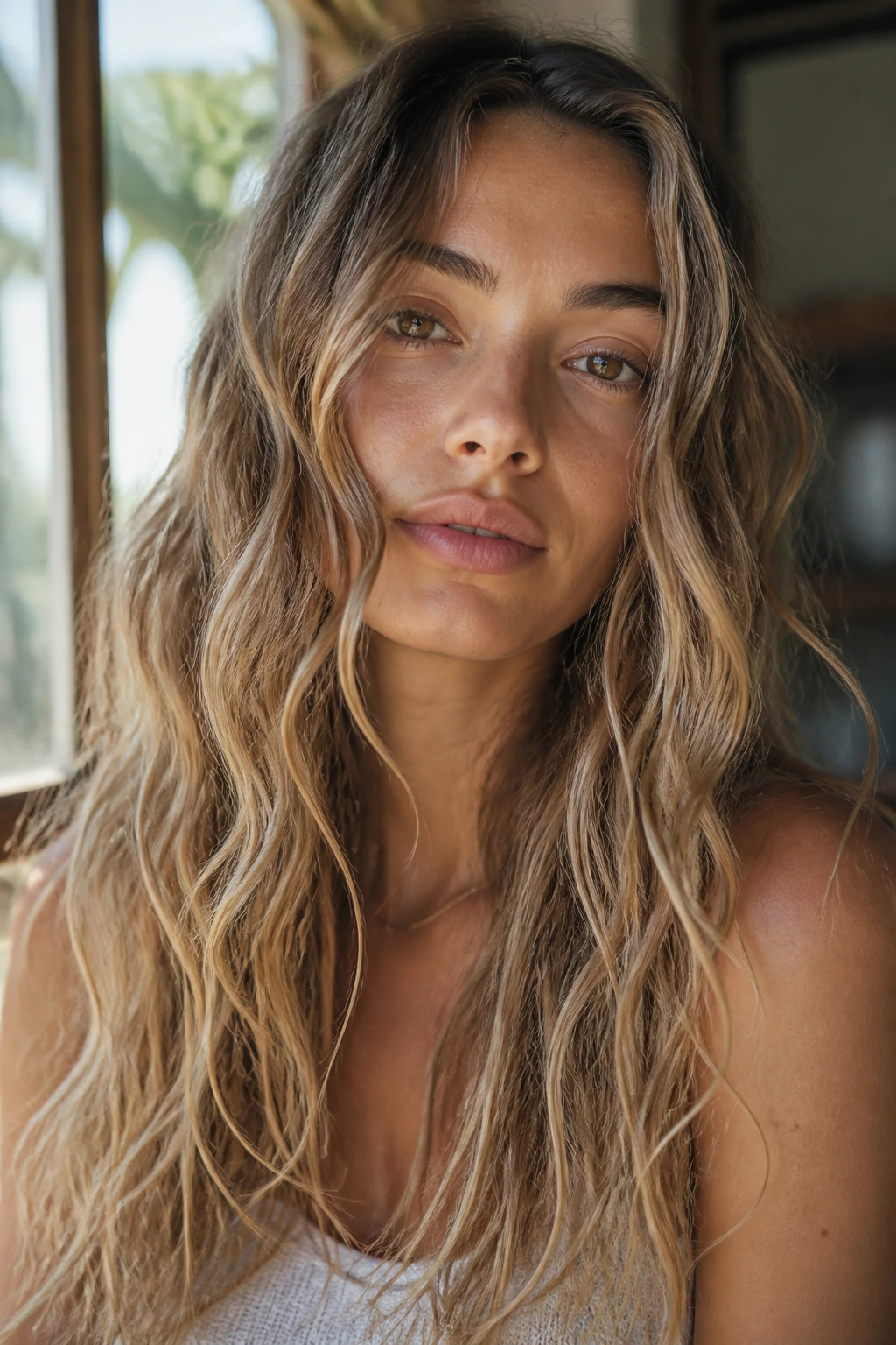 Real woman with salt-spray air-dry waves in natural light