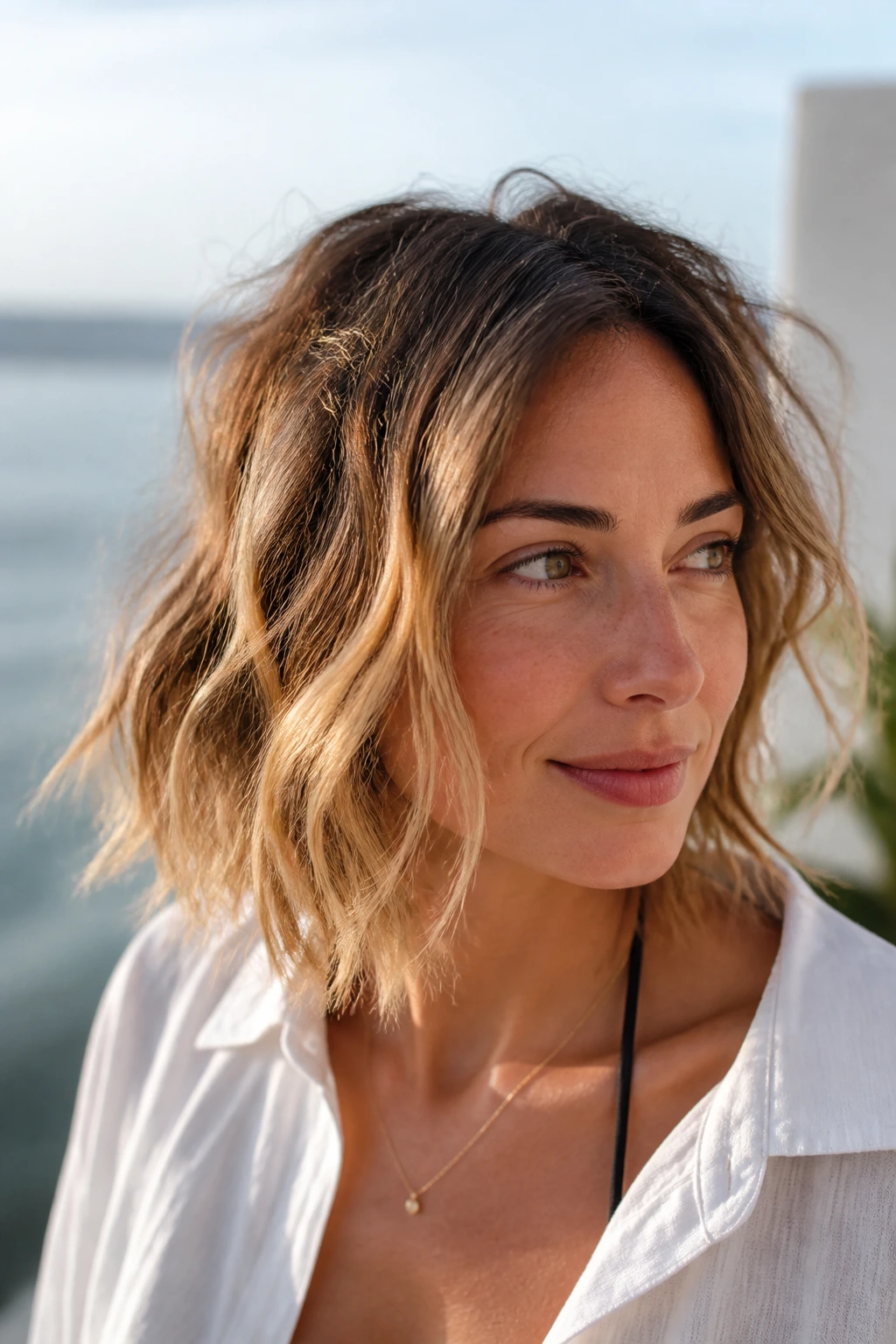 Close-up of a real woman with salt-spray airy bob and loose waves.