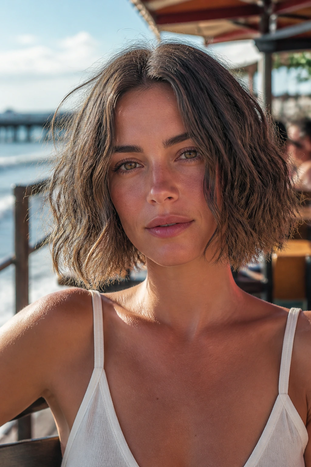 Close-up portrait of a real woman with Salt-Spray Bob showing textured waves and center part by the sea