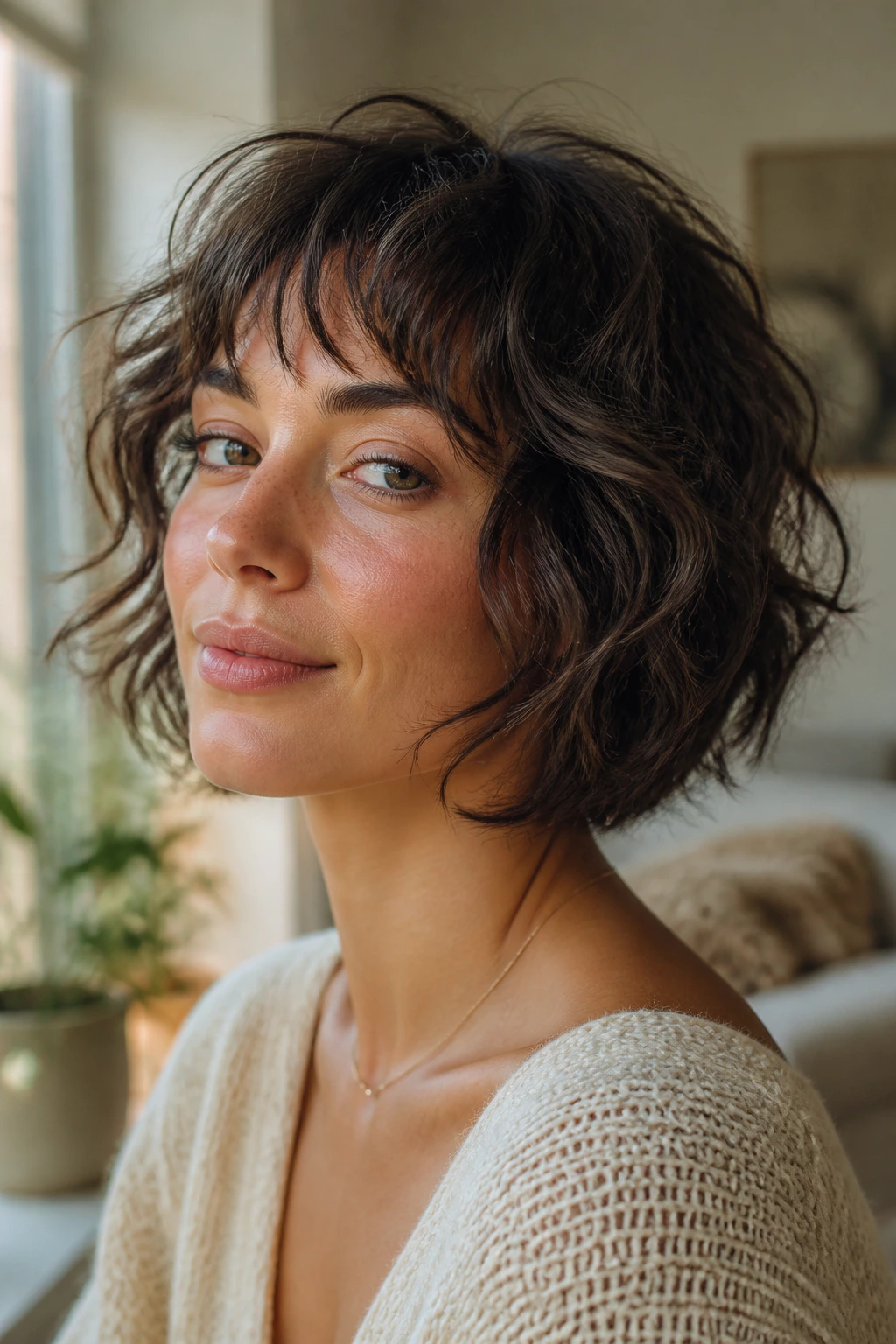 Close-up of a real woman with a loose textured salt-spray French bob in natural light