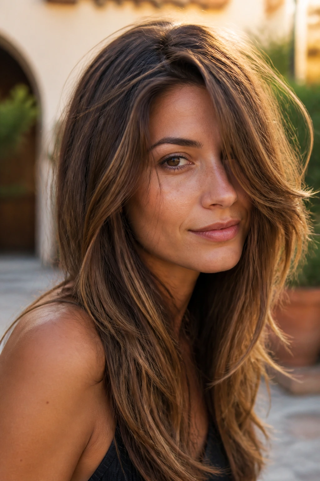 Portrait of a real woman with salt-spray texture and side-swept layers in outdoor light
