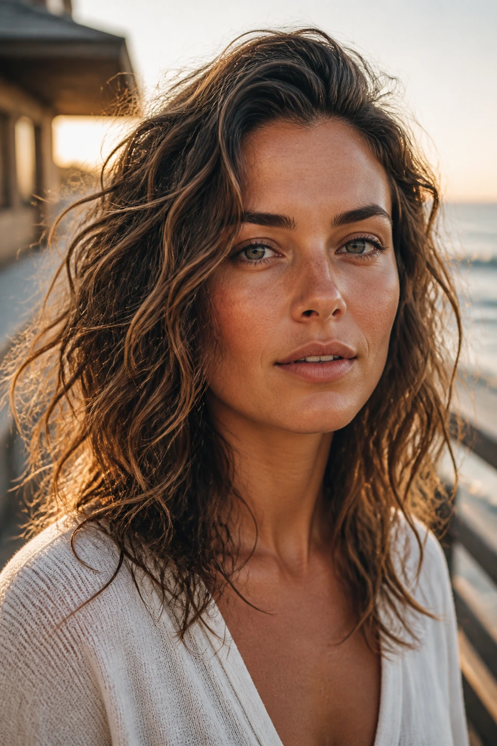 Close-up portrait of a real person with Salt-Spray Scrunched Waves under golden hour sun