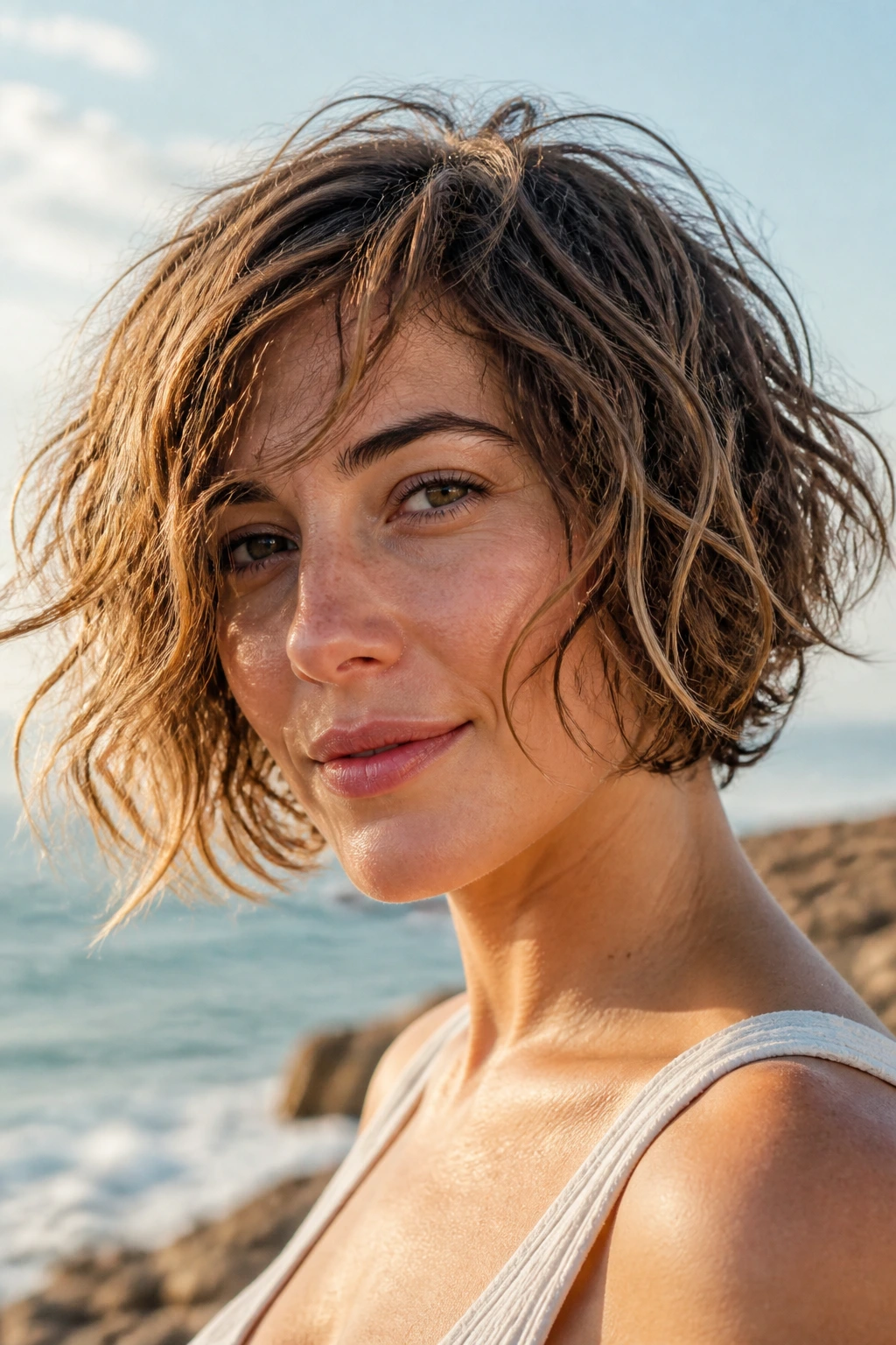 Portrait of a woman with a salt-sprayed beachy bob showing separation