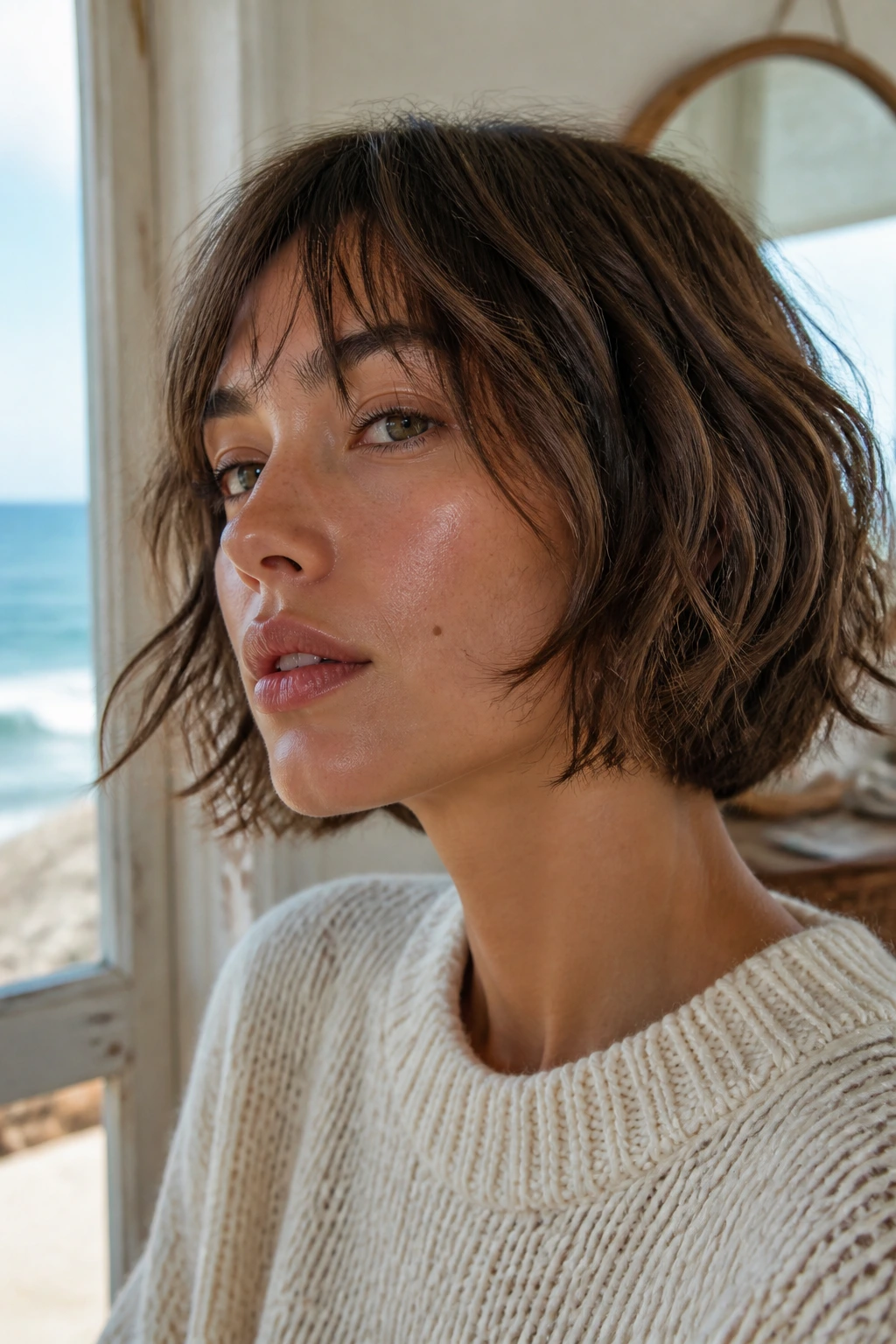 Real woman with chin-length salt-sprayed French bob and soft waves