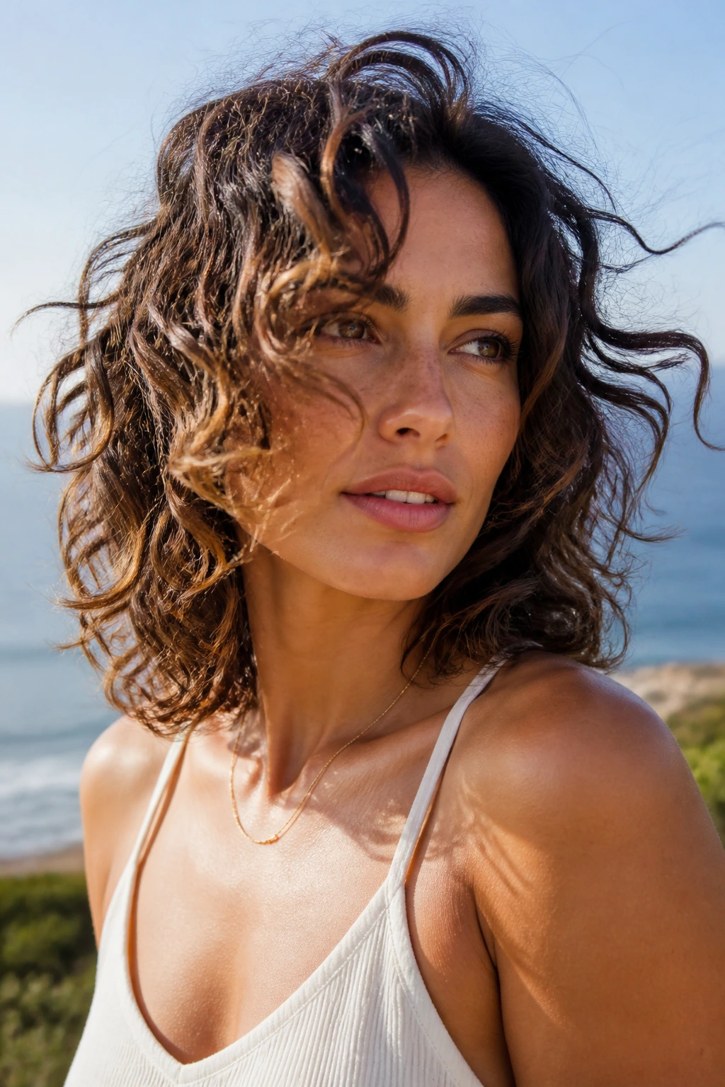 Close-up of a real woman with salt-spritz tousled mid-length curls outdoors