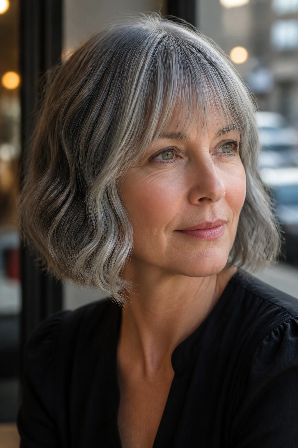 Real woman with salt-and-pepper bob and wispy fringe in bright window light