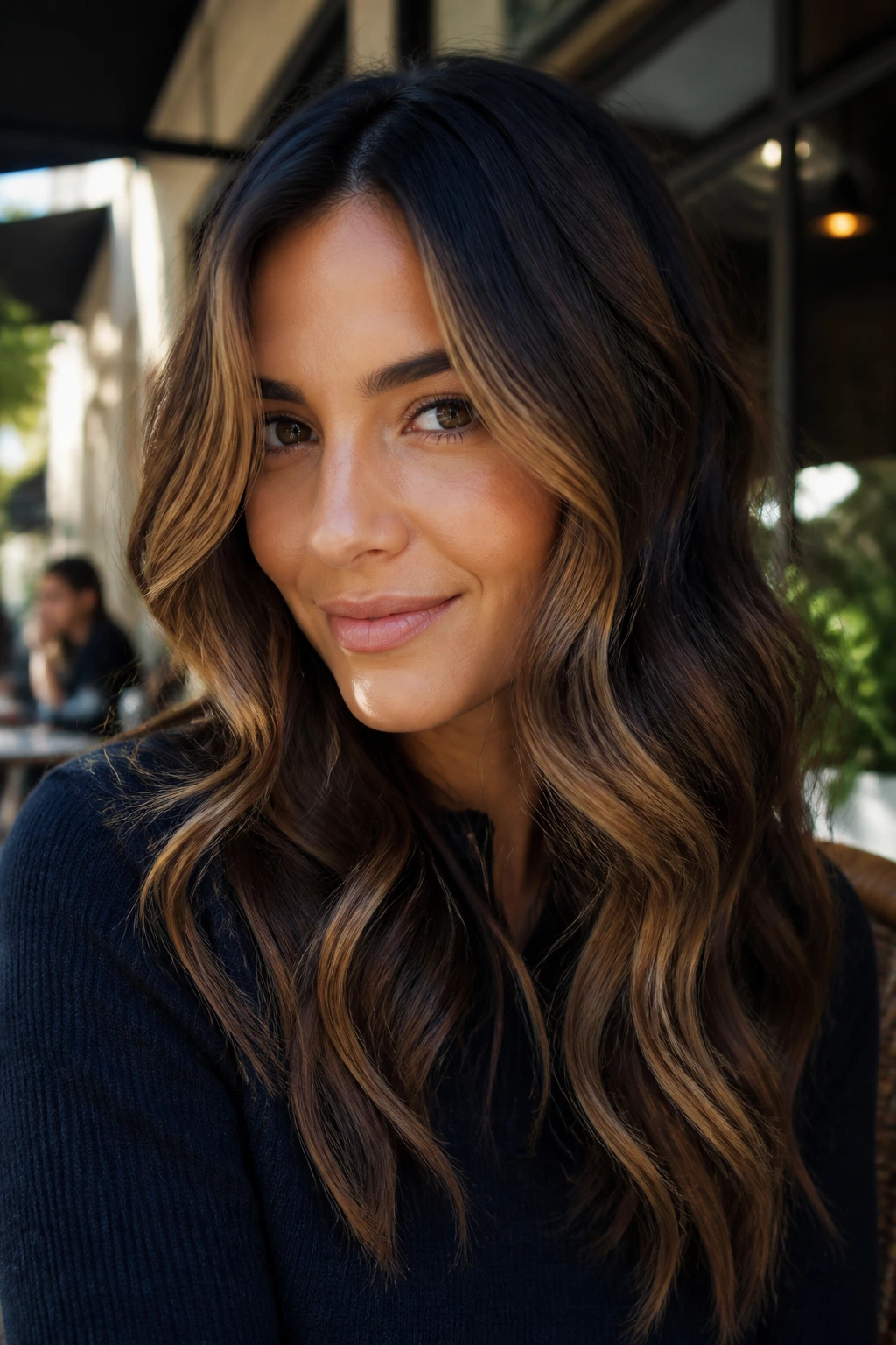Close-up portrait of a woman with salted caramel frame around the face in dark wavy hair