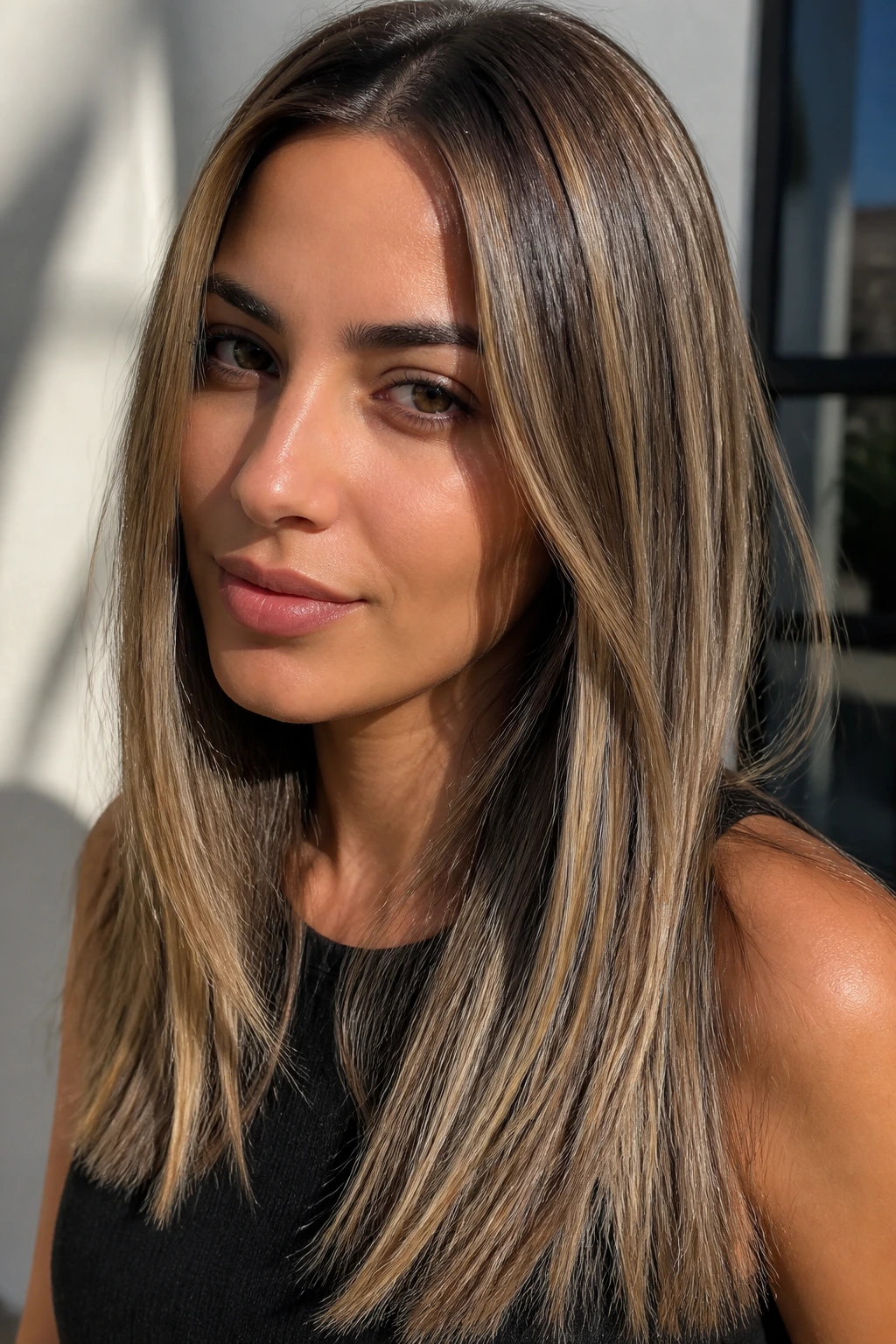 Close-up portrait of a real woman with salted caramel beige highlights in natural daylight