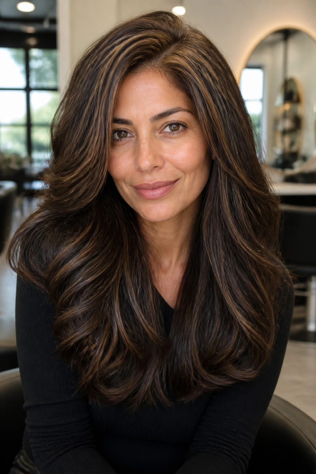 Close-up portrait of a woman with salted cocoa blend hair—deep cocoa with beige flecks, thick hair framing the face.
