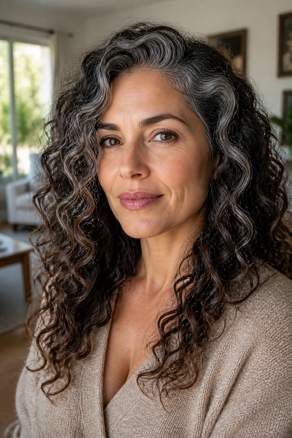 Close-up portrait of a real woman with salted cocoa curls and silver ribbons